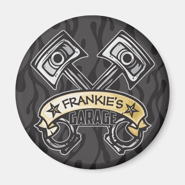 Hot rod Pistons Ghost Flames Custom NAME Garage Magnet (Framsidan)