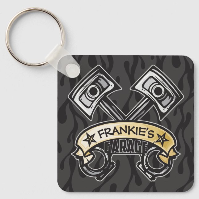 Hot rod Pistons Ghost Flames Custom NAME Garage Nyckelring (Framsida)