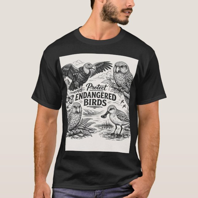 Hotad Fågelkonst: Minimalistisk B&W Bevarande T Shirt (Framsida)