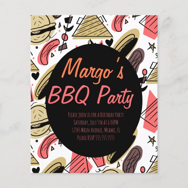 Hotdog Burger Doodle BBQ Birthday Mönster Flyers (Framsida)