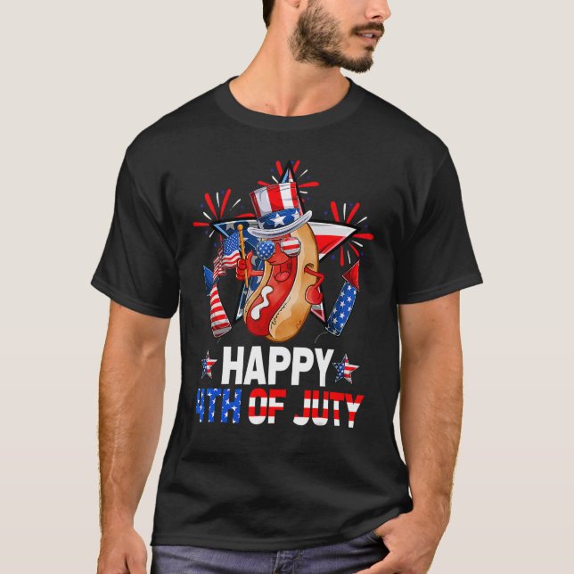 Hotdog Fireworks American Flagga Lycklig 4:e juli T Shirt (Framsida)