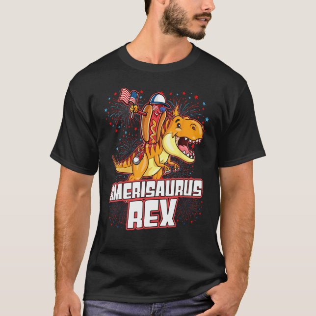 Hotdog Rex Dinosaur 4th of July Amerisaurus   T Shirt (Framsida)