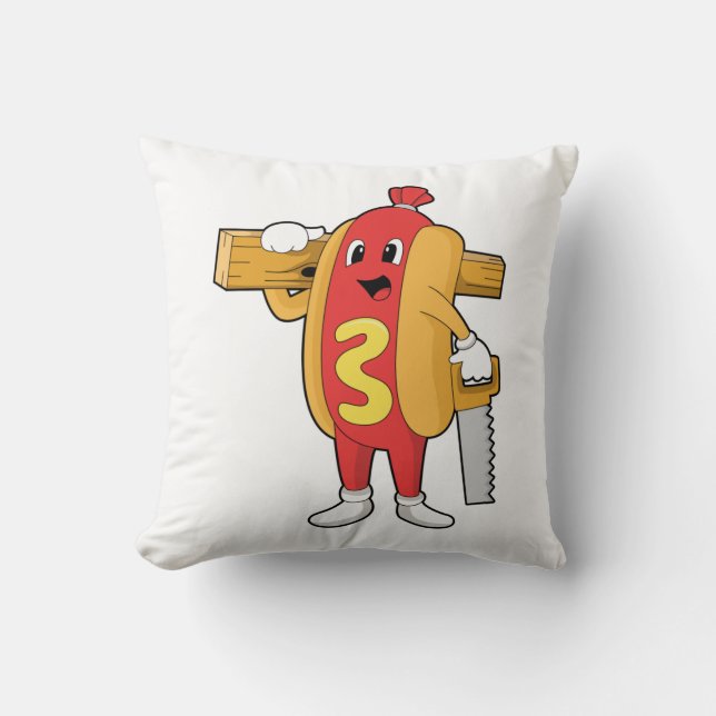 Hotdog som Carpenter med Saw & Wood Kudde (Framsida)