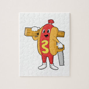 Hotdog som Carpenter med Saw & Wood Pussel