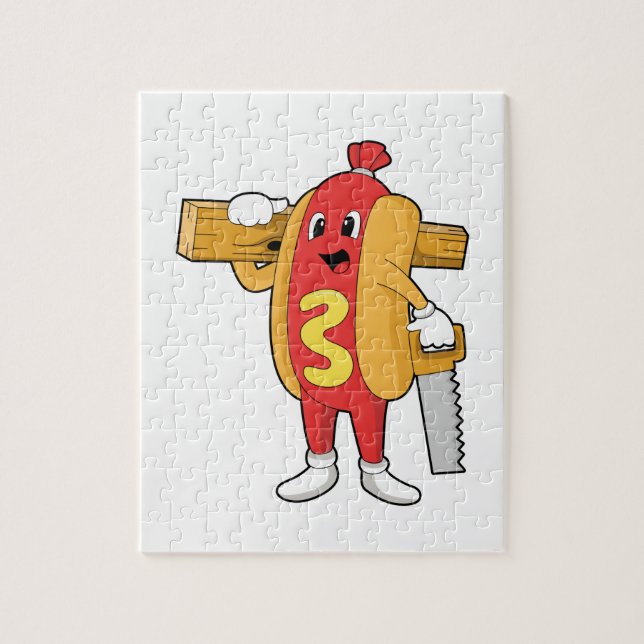 Hotdog som Carpenter med Saw & Wood Pussel (Vertikal)