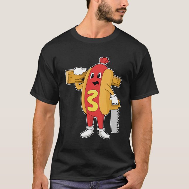Hotdog som Carpenter med Saw & Wood T Shirt (Framsida)