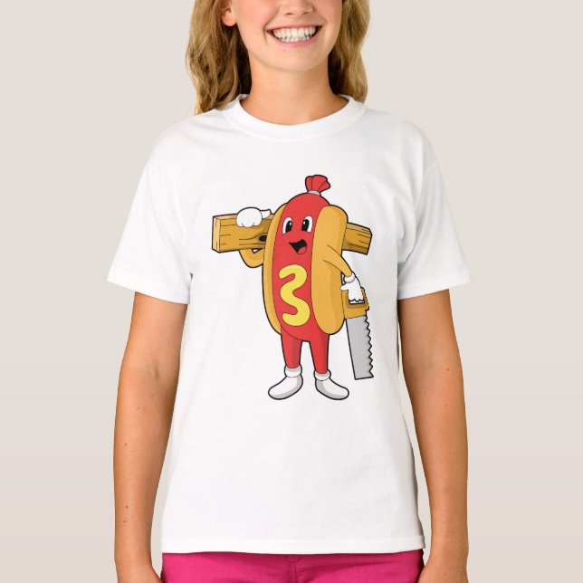 Hotdog som Carpenter med Saw & Wood T Shirt (Framsida)