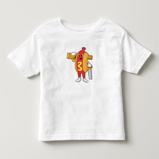 Hotdog som Carpenter med Saw & Wood T Shirt (Framsida)