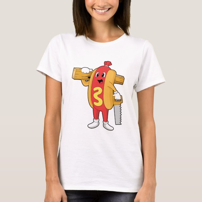 Hotdog som Carpenter med Saw & Wood T Shirt (Framsida)