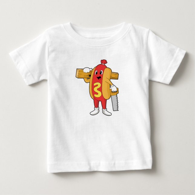 Hotdog som Carpenter med Saw & Wood T Shirt (Framsida)