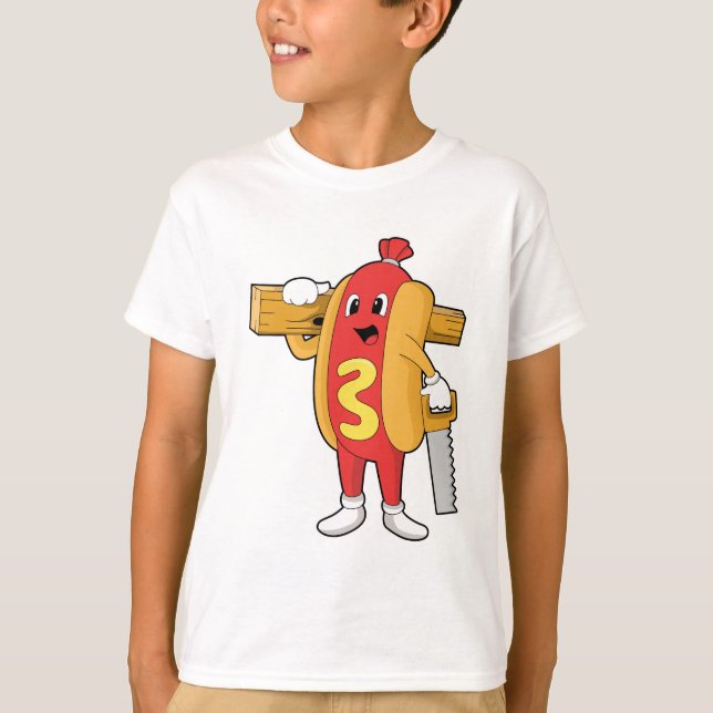 Hotdog som Carpenter med Saw & Wood T Shirt (Framsida)