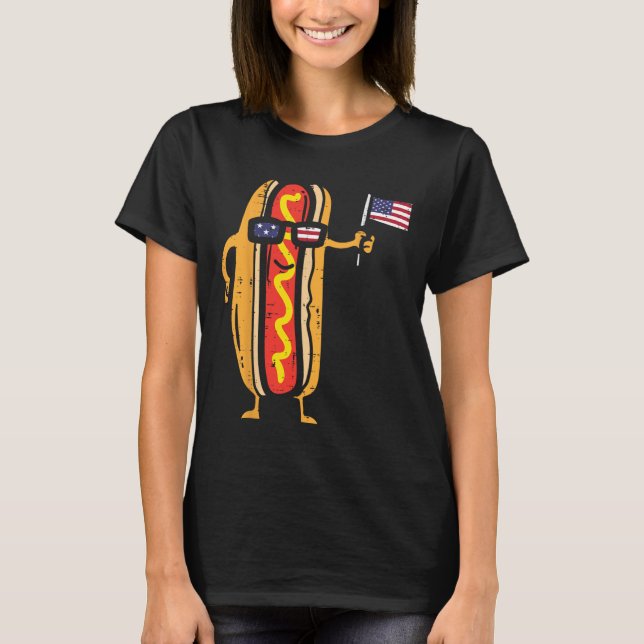 Hotdog Sungles American Flagga Usa Funny 4 juli T Shirt (Framsida)