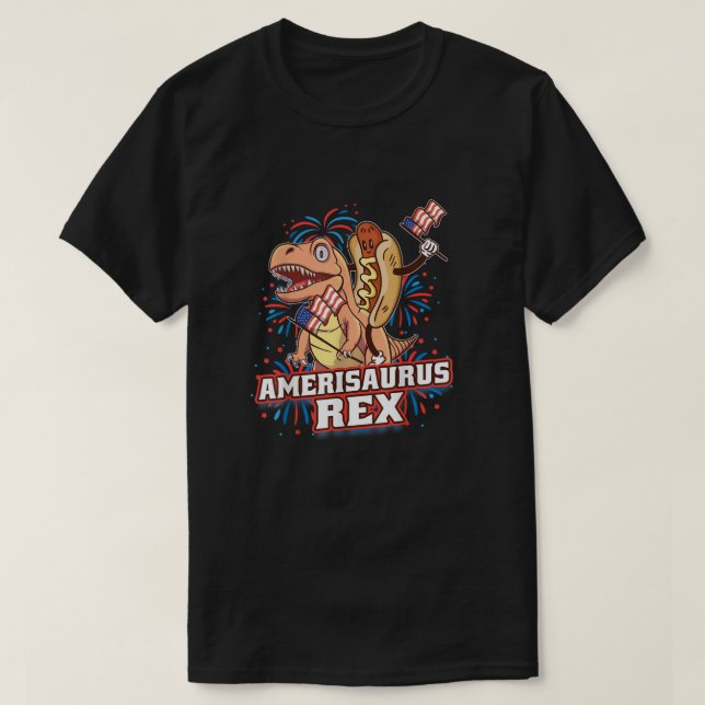 Hotdog T Rex Dinosaur 4:e juli Amerisaurus Funn T Shirt (Design framsida)
