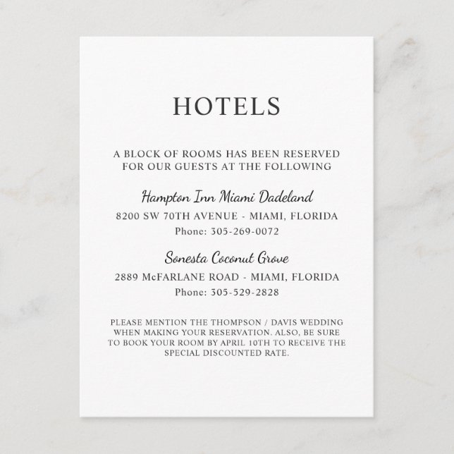 Hotell Modern Minimalistisk Svart och Vitt Tilläggskort (Framsida)