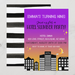 Hotell skyline flicka pyjamasparty lila ombre inbjudningar