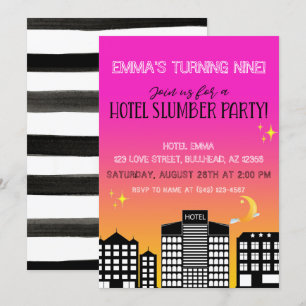 Hotell skyline flickor pyjamasparty rosa ombre inbjudningar