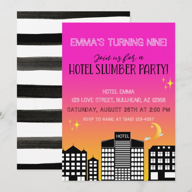 Hotellskylt tjej pyjamasparty rosa ombre inbjudningar (Fram/baksida)