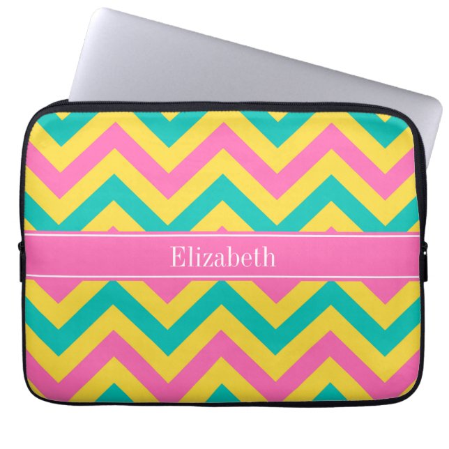 HotPink2 Teal Pineapple LG Chevron Namn Monogram Laptop Sleeve (Framsidan)