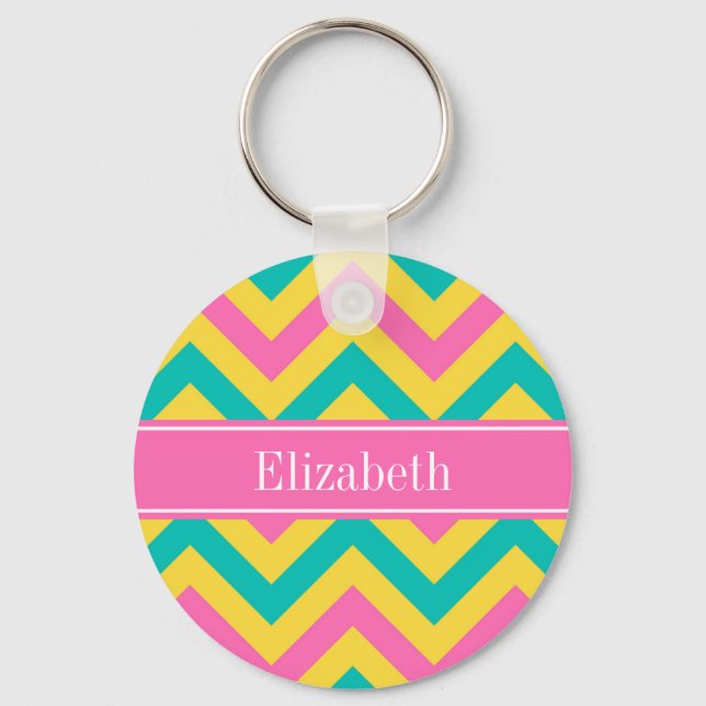 HotPink2 Teal Pineapple LG Chevron Namn Monogram Nyckelring (Framsida)