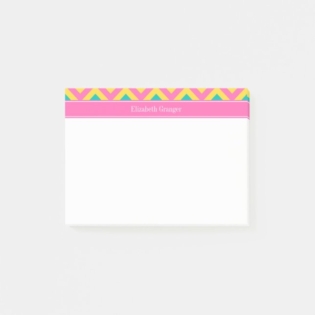 HotPink2 Teal Pineapple LG Chevron Namn Monogram Post-it Block (Framsida)
