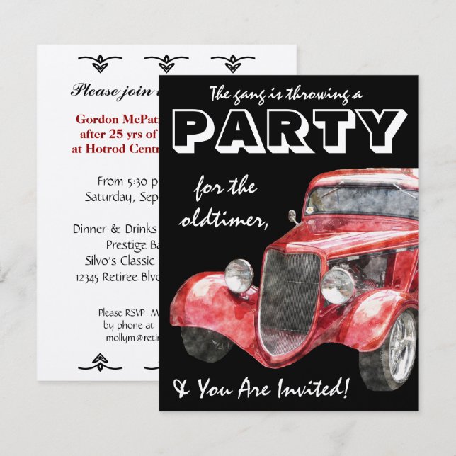 Hotrod för klassiker för Oldtimerpensionparty bil Inbjudningar (Fram/baksida)