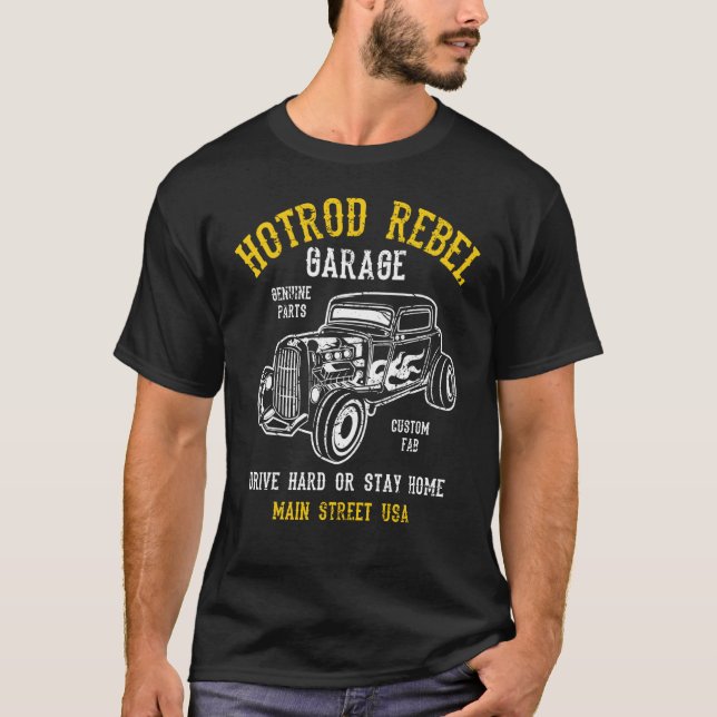 Hotrod Rebel Automotive Nostalgia Old Car Distress T Shirt (Framsida)