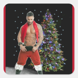 Hottest Hunk Buff Santa jul Fyrkantigt Klistermärke