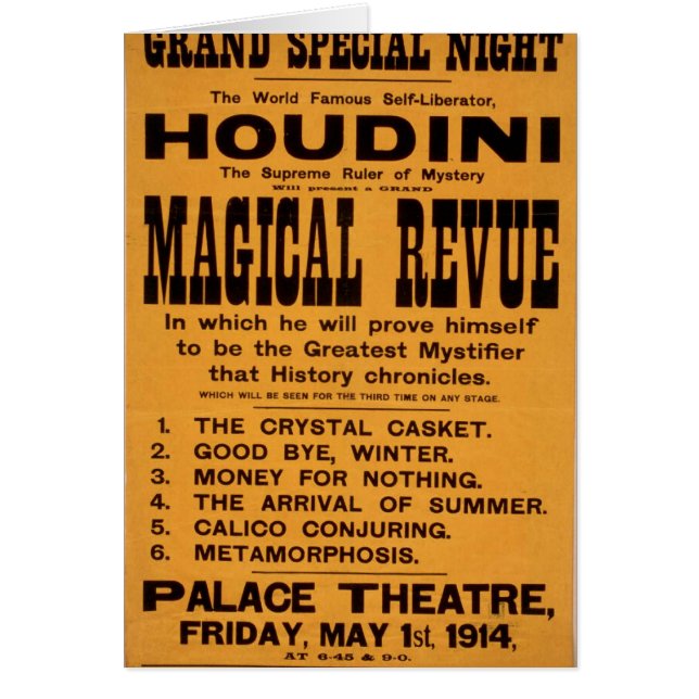Houdini den Retro teatern ", för den Magical Hälsningskort (Framsidan)