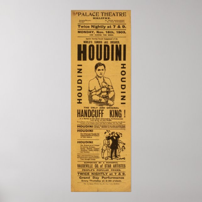 HOUDINI Escape Artist VAUDEVILLE Poster (Framsidan)