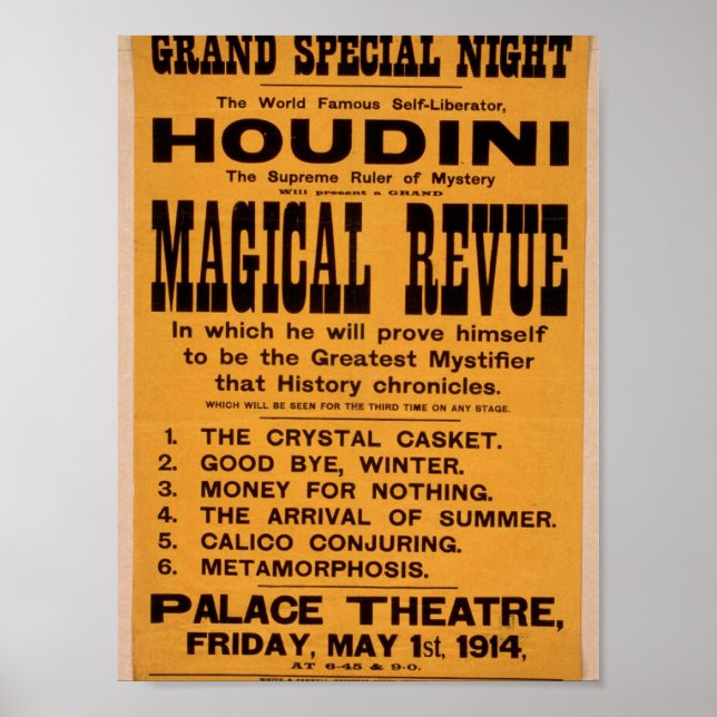 Houdini, "Magic Revue" Retro Theater Poster (Framsidan)