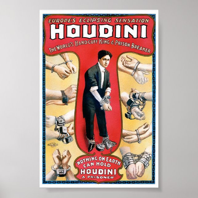Houdini Magiker 1909 Återställd Vintage Affisch (Framsidan)