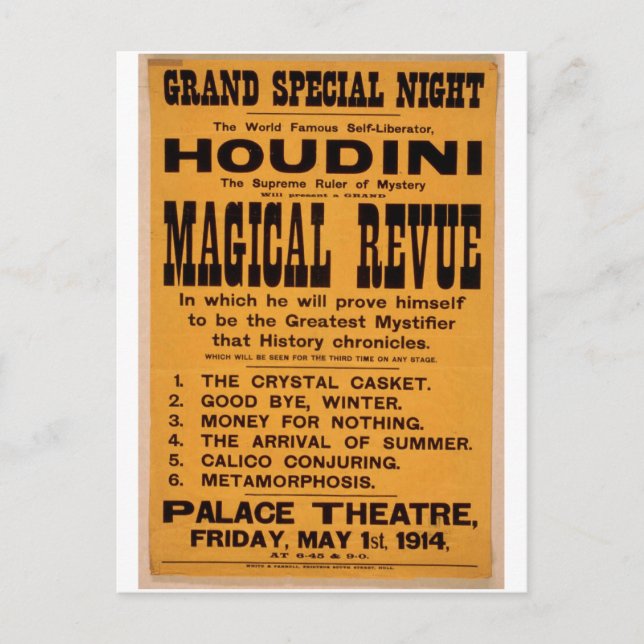 Houdini, 'Magisk Revy' Retro Teater Vykort (Framsida)
