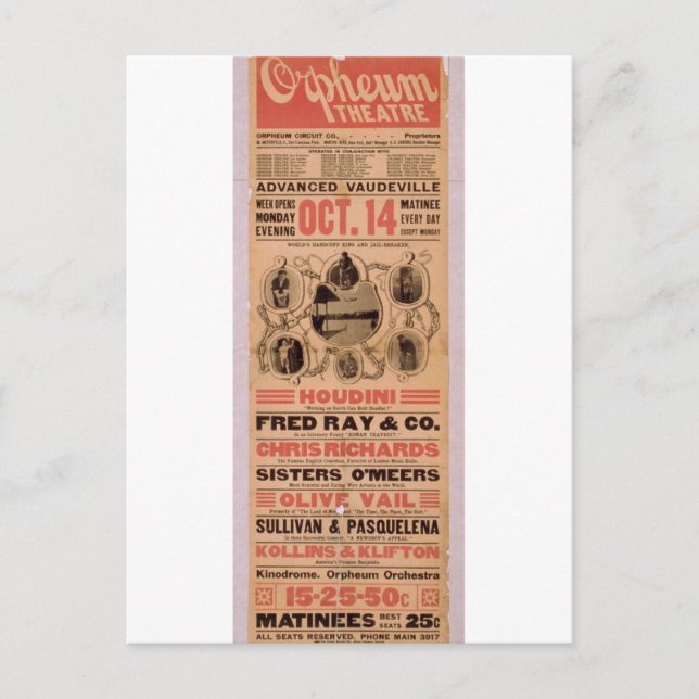 Houdini, 'Orpheuw' Retro Teater Vykort (Framsida)