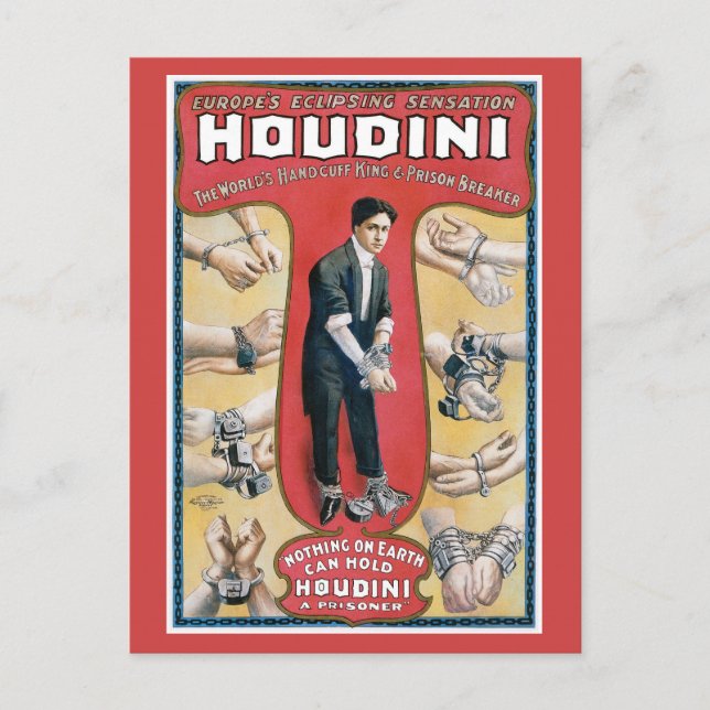 Houdini ~ Vintage Handcuff Escape Artist Vykort (Framsida)