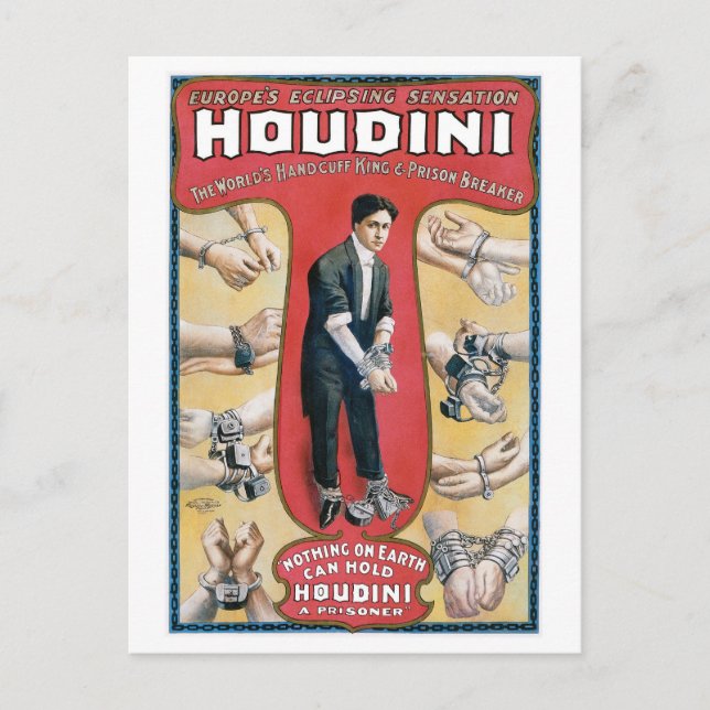Houdini ~ Vintage Handcuff Escape Artist Vykort (Framsida)
