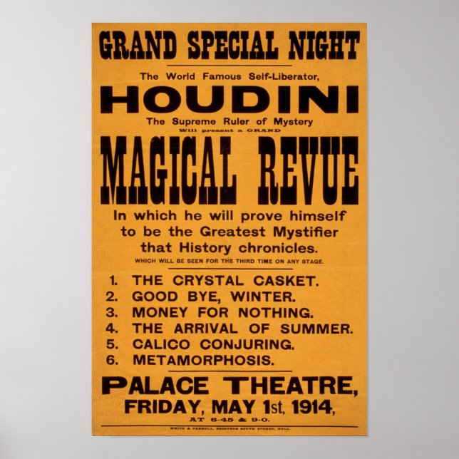 Houdinis magiska revy, 1914. Gammal reklam Poster (Framsidan)