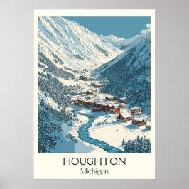 Houghton Michigan Vintage Winter Mountain Art Poster