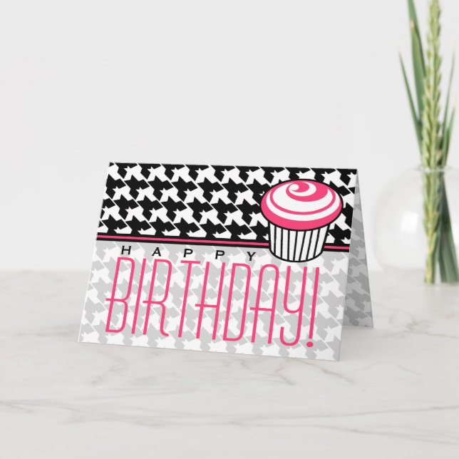 Houndstooth Birthday Card med Rosa Cupaka Kort (Framsida)