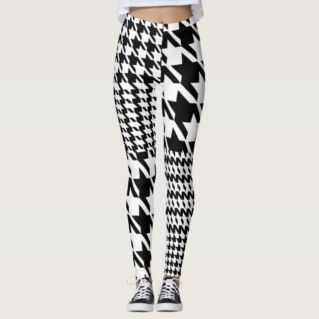Houndstooth Black and White Patchwork Mönster Leggings (Framsida)