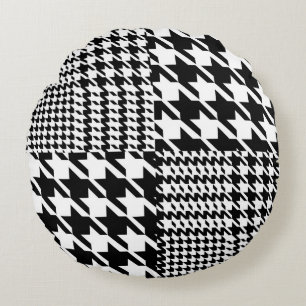 Houndstooth Black and White Patchwork Mönster Rund Kudde