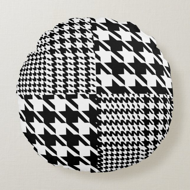 Houndstooth Black and White Patchwork Mönster Rund Kudde (Framsidan)