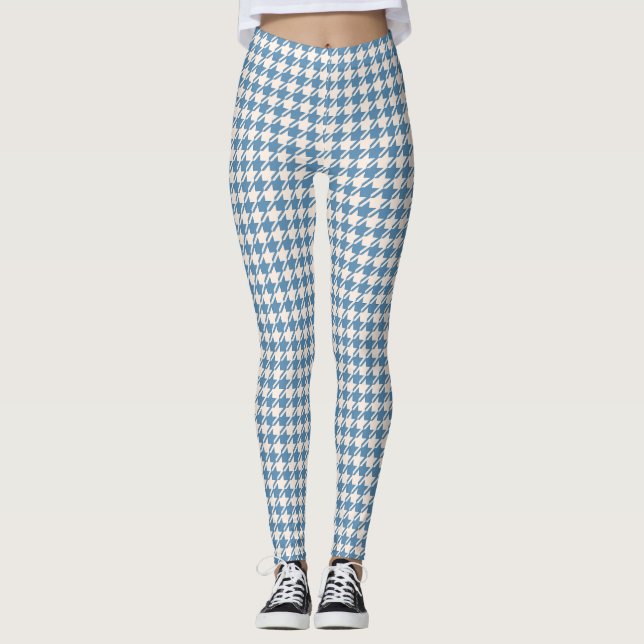 Houndstooth Blue+Cream Mönster Leggings (Framsida)