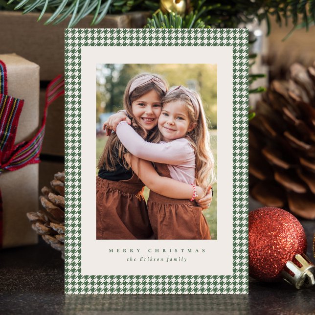 Houndstooth frame classic green Christmas photo Julkort (Skapare uppladdad)