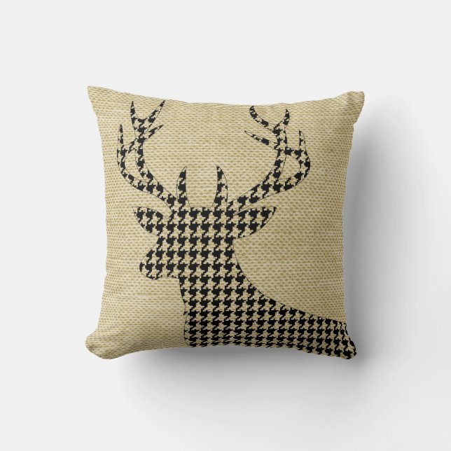 Houndstooth Hjort Silhouette på Burlap | vete Kudde (Framsida)