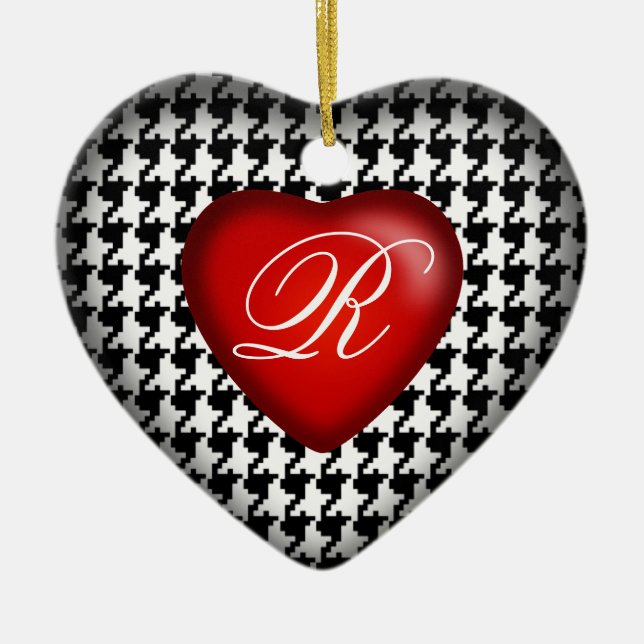 Houndstooth Monogram Heart | svart vitt rött Julgransprydnad Keramik (Framsidan)