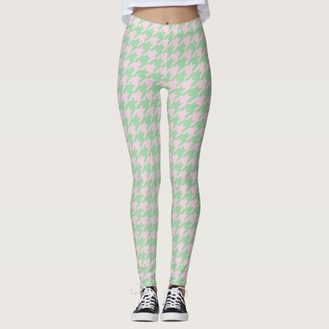 Houndstooth Pied de Poule Mönster Rosa Grönt Leggings (Framsida)