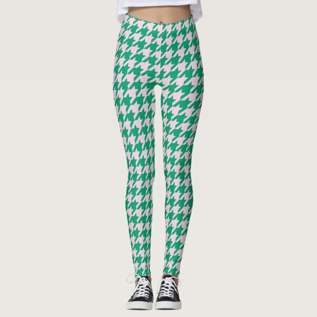 Houndstooth Pied de Poule Mönster Rosa Grönt Leggings (Framsida)