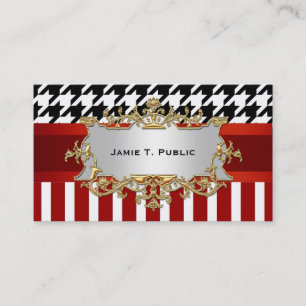 Houndstooth Red Wht Rand, Red Ribbon, Guld-etikett Visitkort