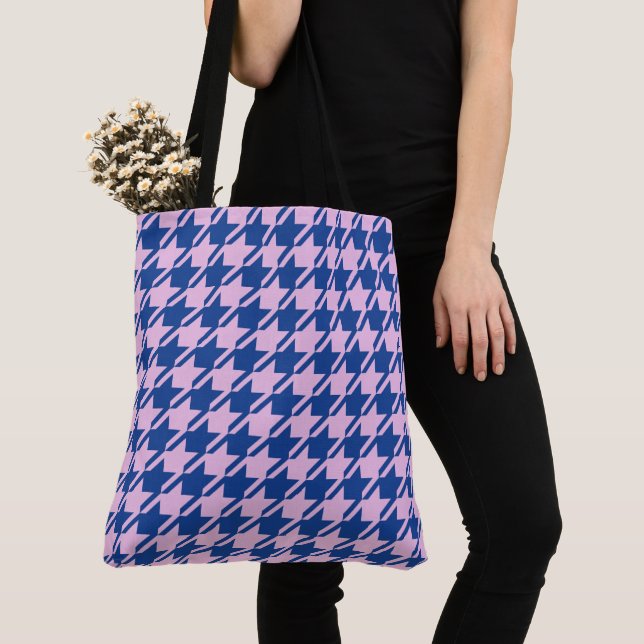 Houndstooth Rosa+Blue Mönster Tygkasse (Närbild)
