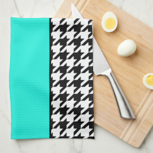 Houndstooth, teal, black och white checkad kökshandduk